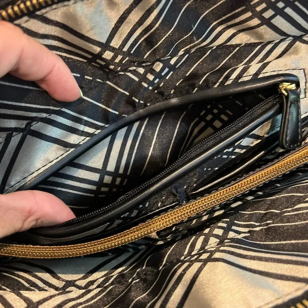 London Fog Tote Metallic Brown Leather Satchel Handbag Zip Double Handle Large - Picture 12 of 16